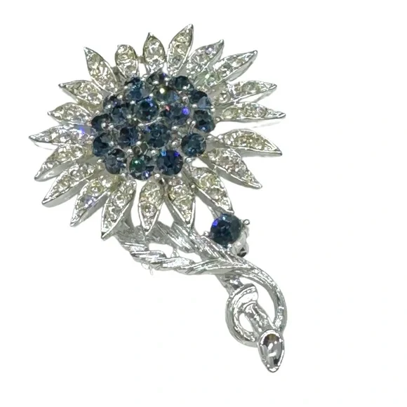 Vintage Signed Lisner Sapphire Blue & Clear Rhinestones Flower Brooch - Picture 4 of 8